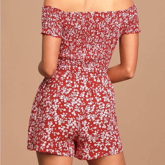 COPY - Charming Look Red Floral Print Smocked Off-the-Shoulder Romper - Picture 3 of 3
